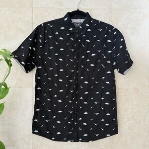 Alpha Beta Dinosaur Print Button Up Shirt Black Short Sleeve Men’s Small